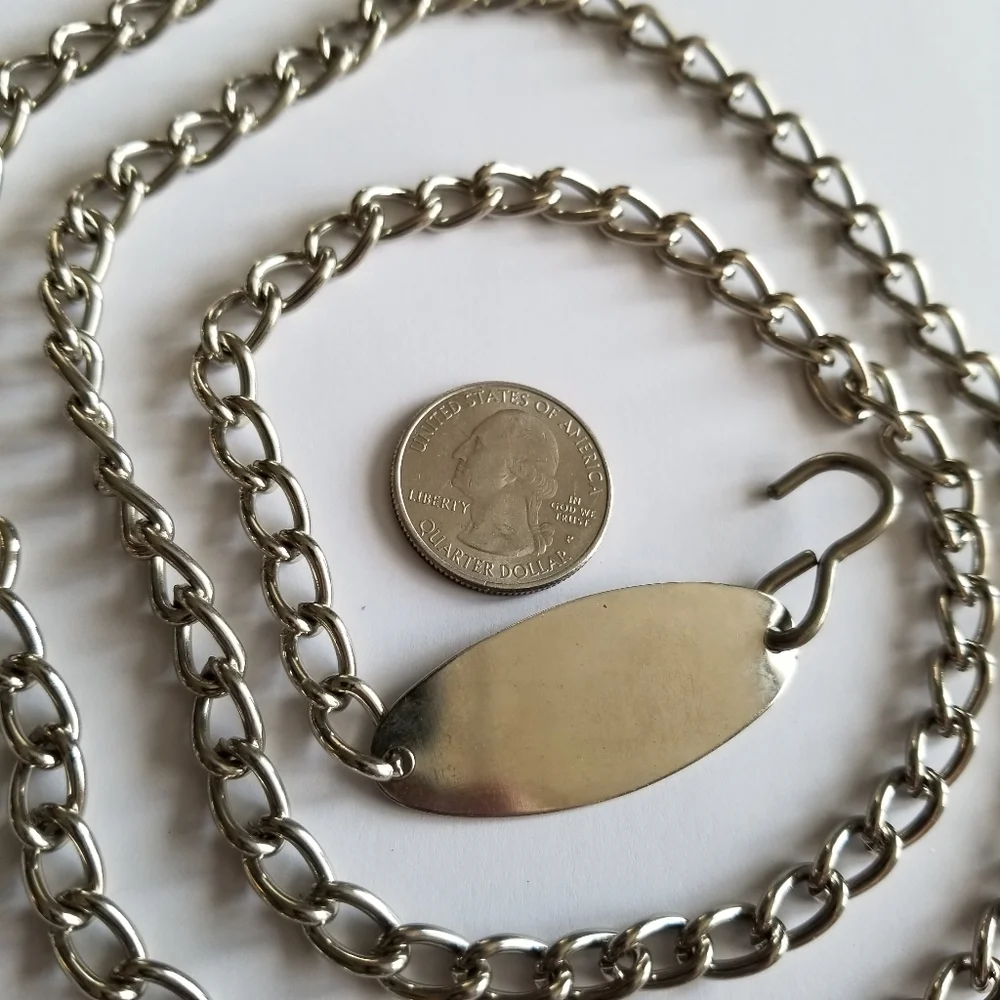 Long silver tone chain - belt or watch chain? Necklace? Engraveable plate